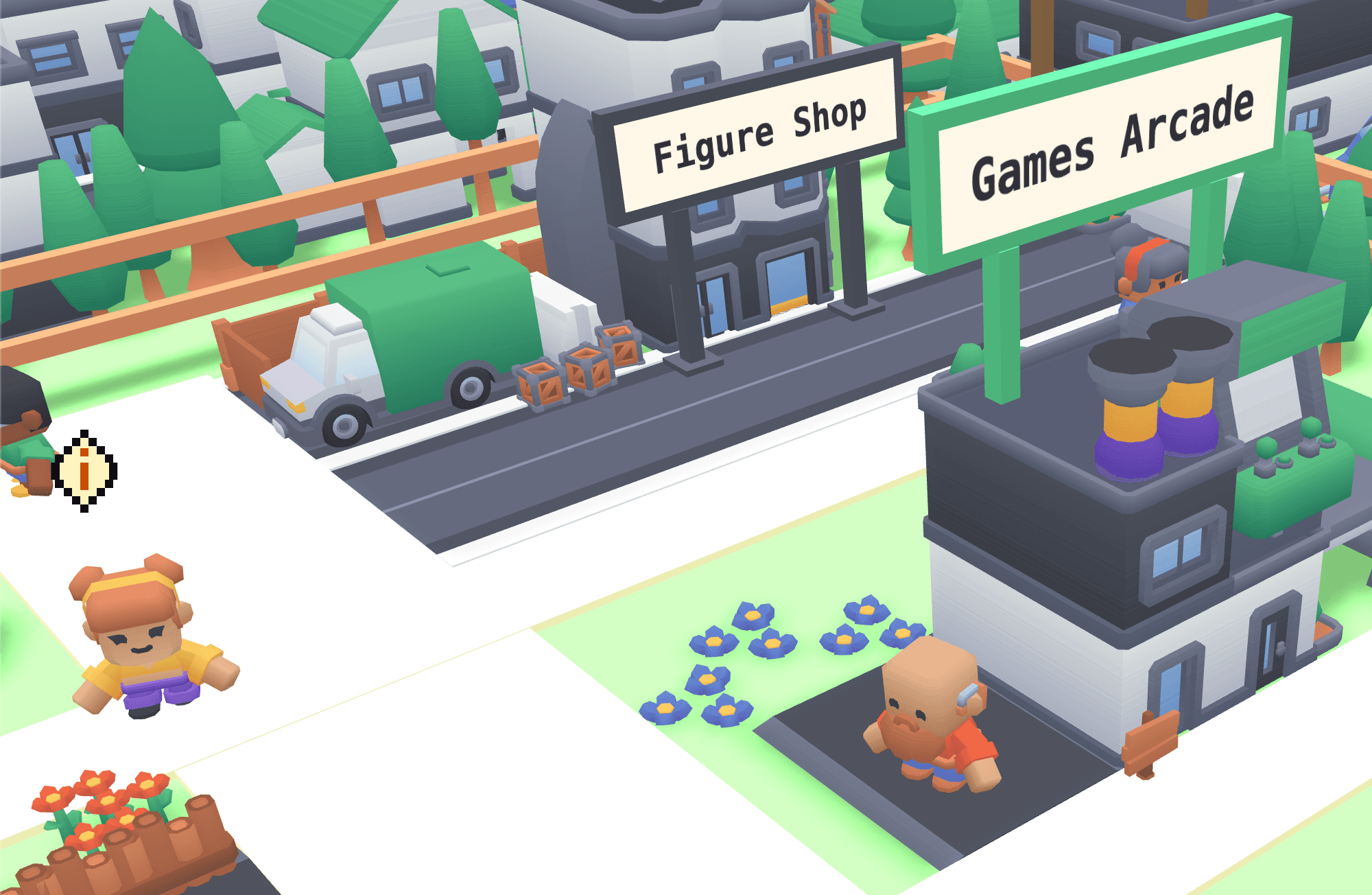 Figureland collectible game town with a figure shop and games arcade