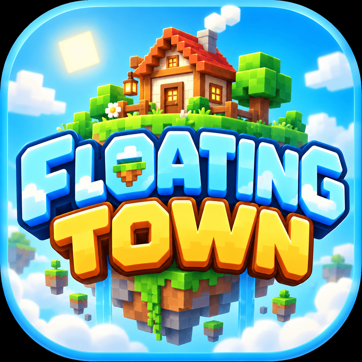 Floating Town logo over a cozy cottage on a floating island above the clouds