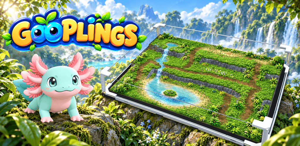 Gooplings logo and a friendly axolotl beside a lush habitat