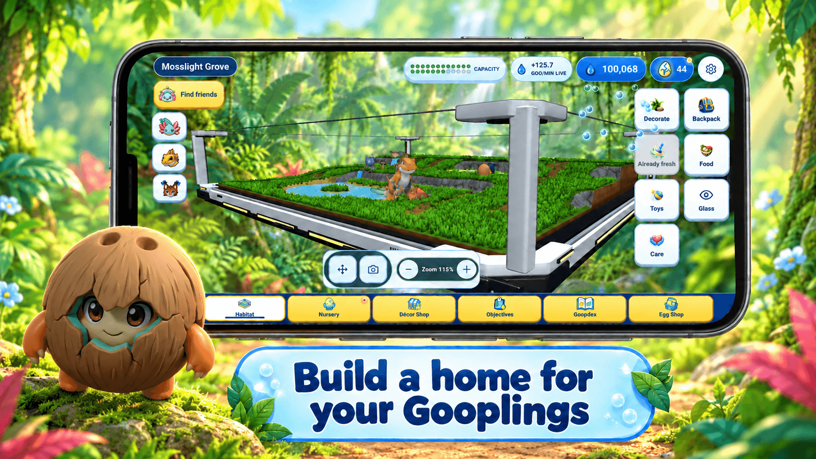 A Gooplings habitat with a nursery, decor shop and creatures to care for