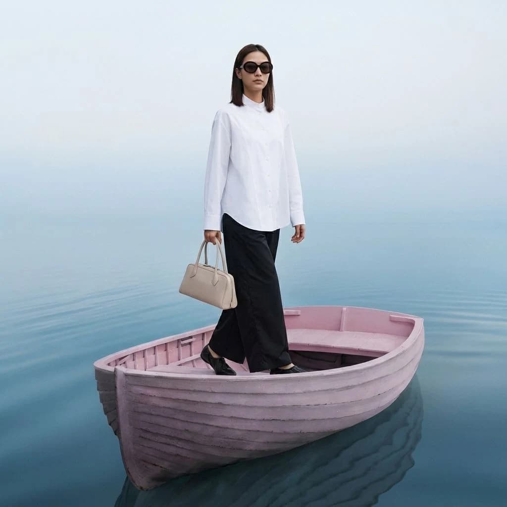 AI-generated fashion campaign example from Outfittd: a model on a pink boat
