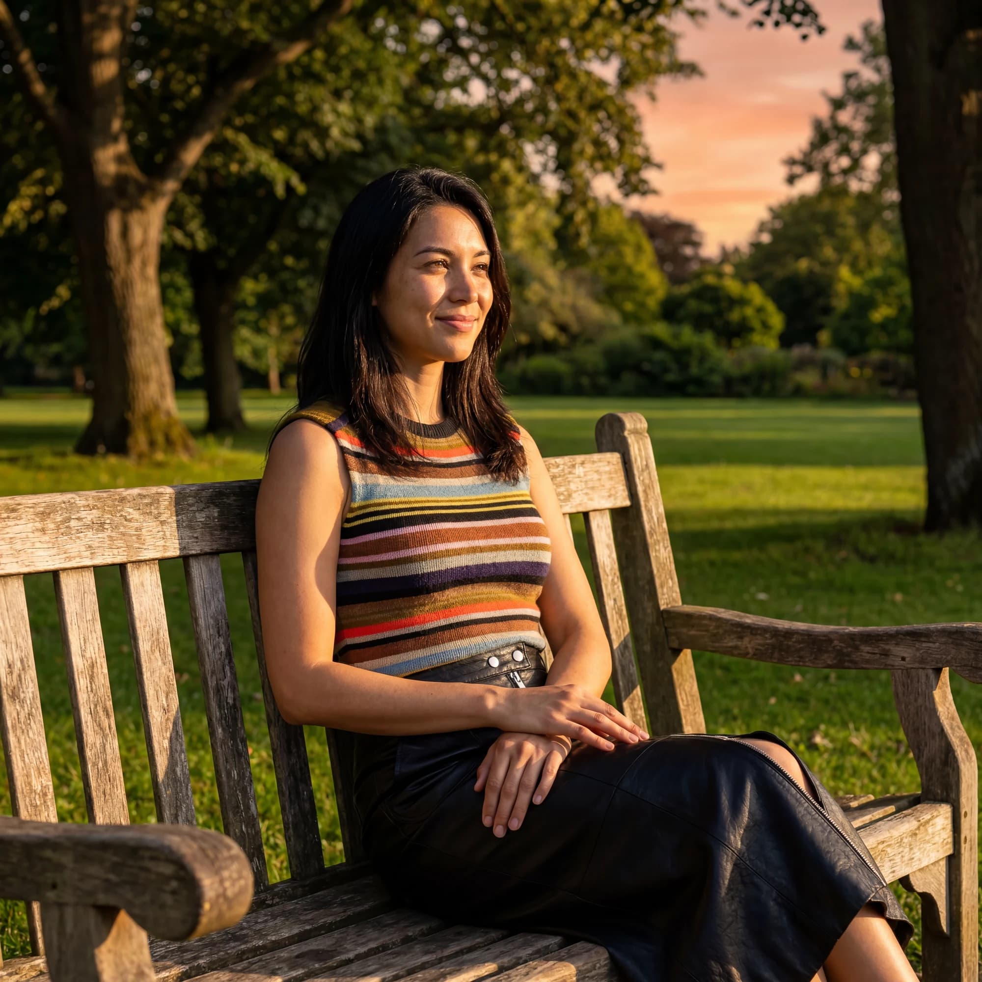 AI-generated fashion portrait of a woman wearing a striped top on a park bench in warm evening light