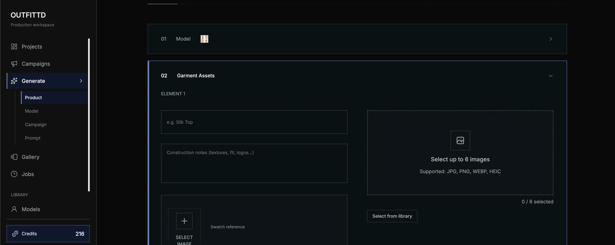 Outfittd product generation interface with garment uploads, notes and swatch references