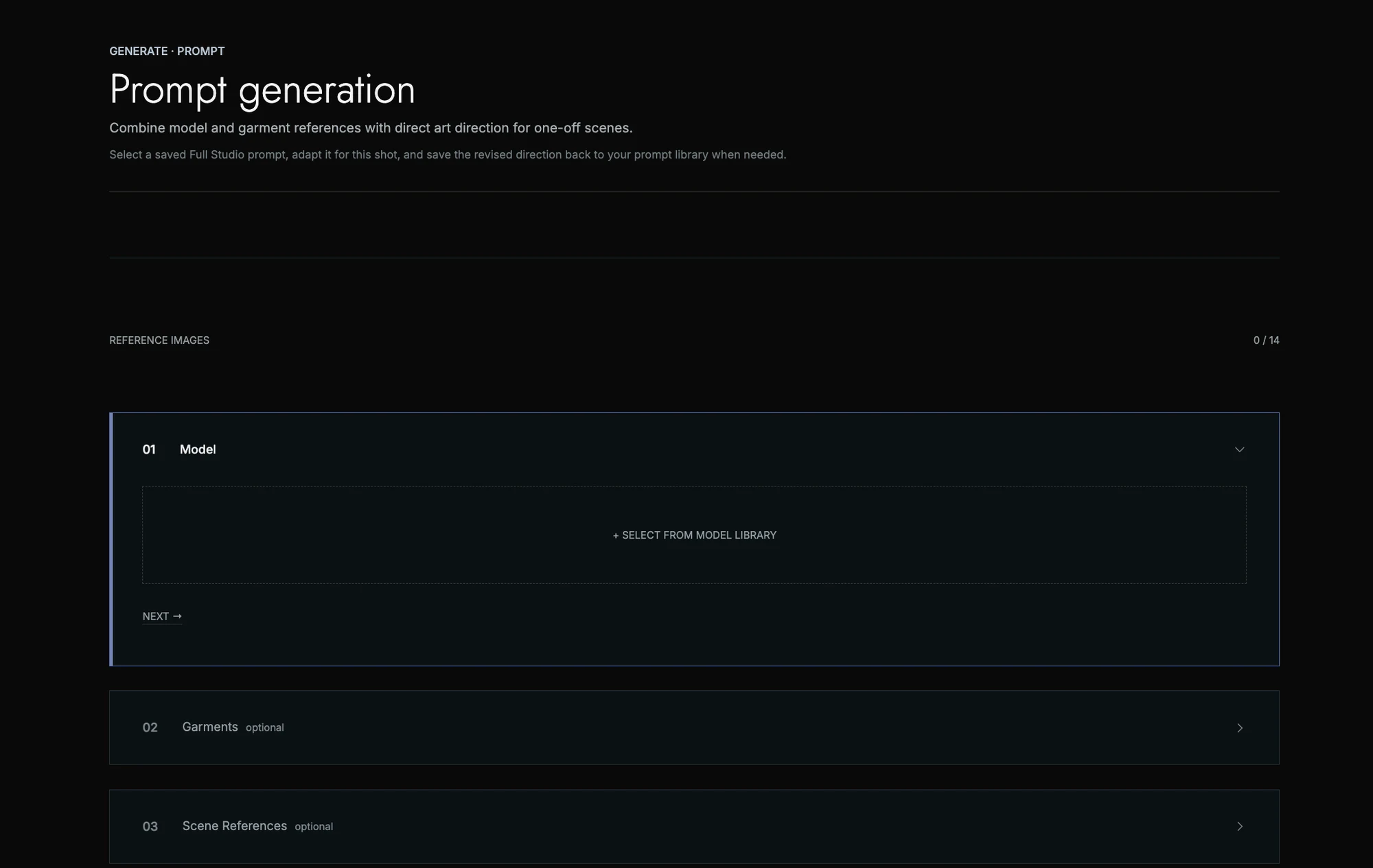 Outfittd prompt generation tool with model, garment and scene reference sections